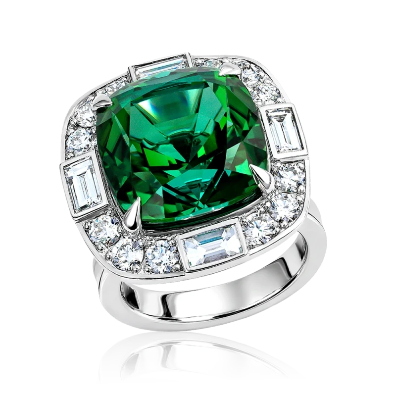 CUSHION TOURMALINE 13.68 CT VIVID GREEN RING (GUILD)