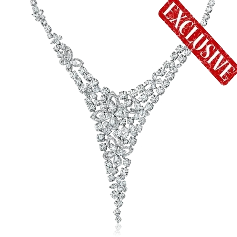White Multishape Diamond Butterfly Motif Necklace, 46.11 CT