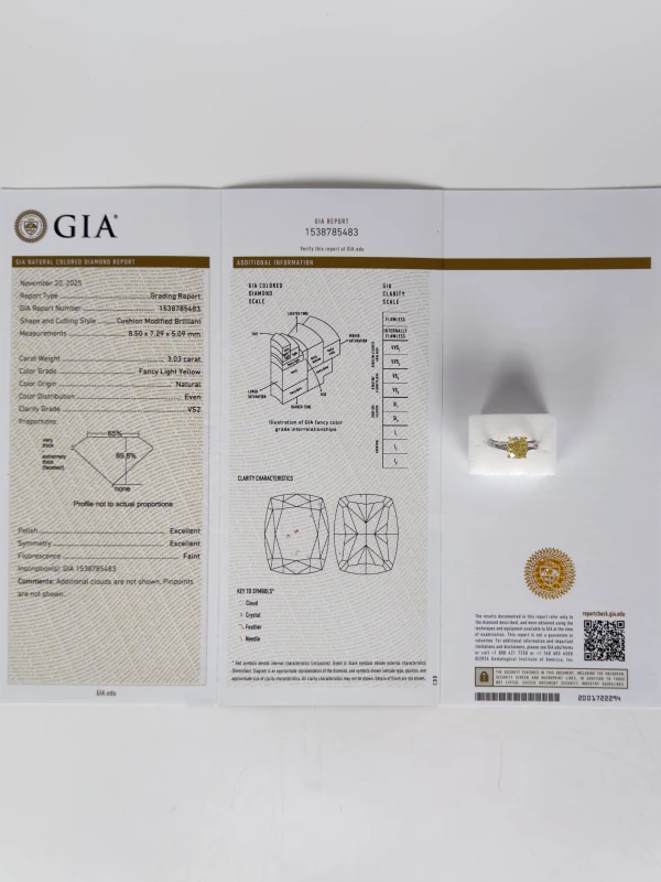 Earrings without a brand CUSHION DIAMOND 3.03 CT FANCY LIGHT YELLOW/VS2 RING (GIA) NN3.03FLY 5
