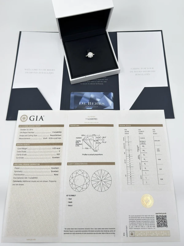 De Beers ROUND DIAMOND 4.53 CT F/VS2 RING EXEXEX (GIA) J 1DN03B 40P 45 6