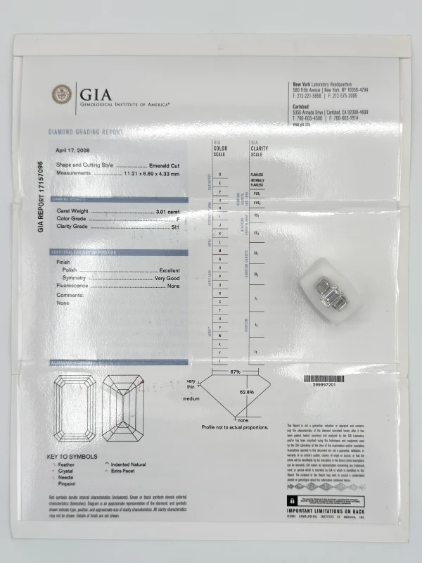 СЕРЬГИ NO NAME EMERALD DIAMOND 3.01 CT F/SI1 RING (GIA) 171096 3.01 ct F/SI1 4