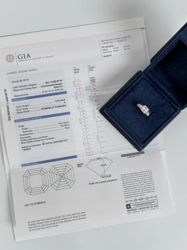 No name SQUARE DIAMOND RING 3.16 ct F/INTERNALLY FLAWLESS, GIA (SIZE 54) NN3.16ct F/IF GIA 6