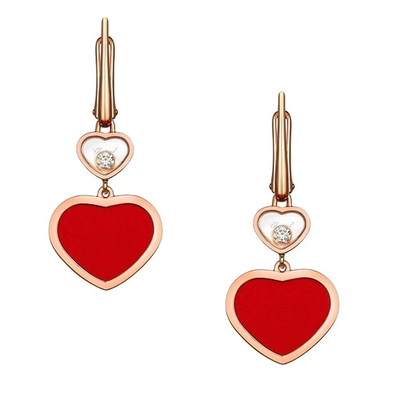 HAPPY HEARTS EARRINGS, RED STONE, ROSE GOLD 