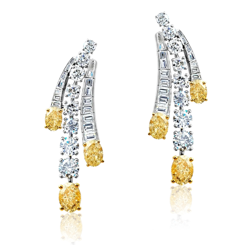 Yellow Oval Shape Diamond 6.59 ct and White Diamond 7.20 ct Earrings