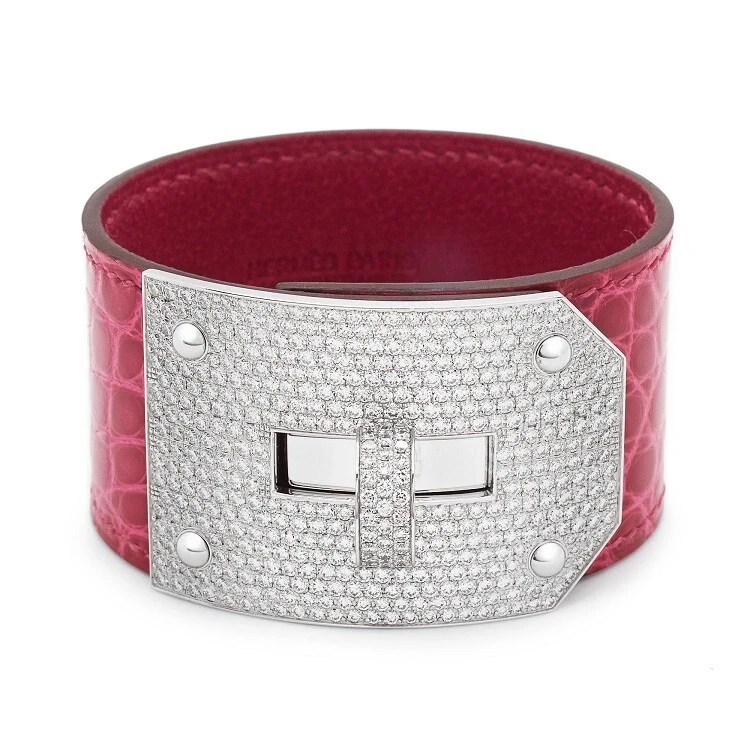 HERMES Hermes Kelly Diamond Fuchsia Crocodile Wide Cuff White Gold Bangle Bracelet (SIZE 15) Hermes1033 5