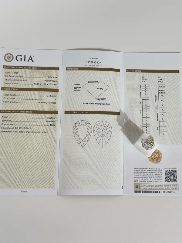 Earrings without a brand PEAR DIAMOND 10.10 CT H/INTERNALLY FLAWLESS RING (GIA) NN10.10H/IF 5