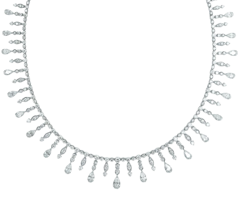 White Gold White Pear Shape and Round Diamond  Fringe 20.15 ct Necklace