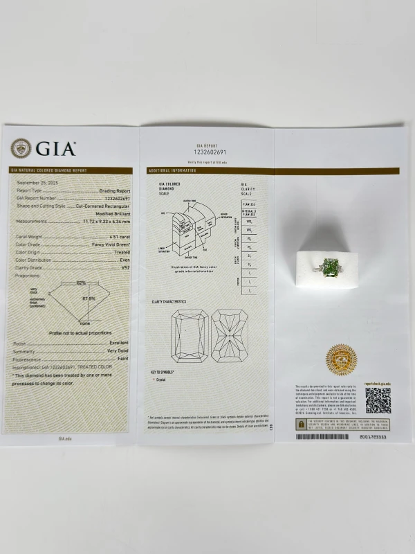 No name RADIANT DIAMOND 6.51 CT FANCY VIVID GREEN*/VS2 RING (SIZE 53) GIA nn6.51ct FVG/VS2 6