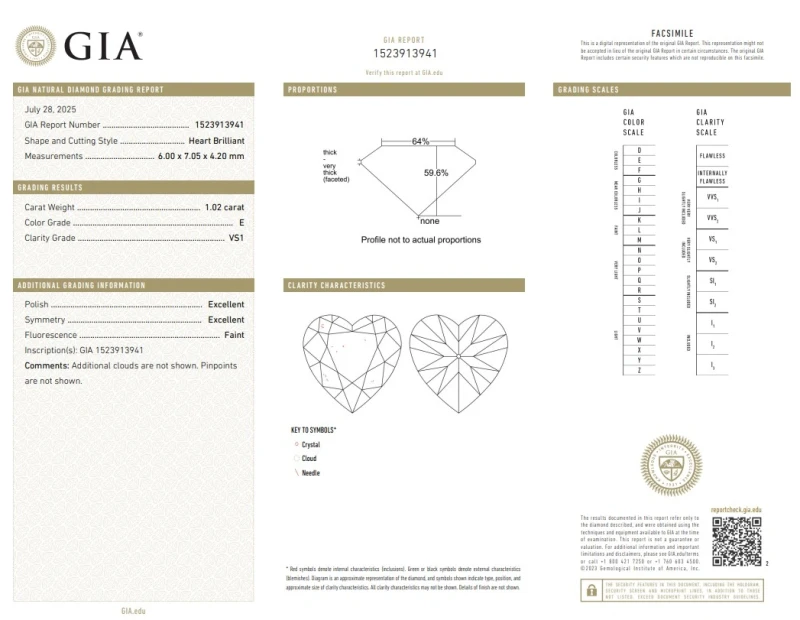 No name Heart Shape Diamond 1.02 ct E/VS1 ct Ring (SIZE 51) GIA EXEX 941-NN1.02 2
