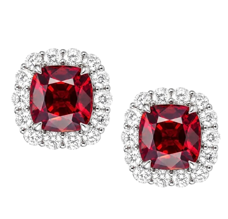 CUSHION SPINEL 5.14-4.92 CT DEEP ORANGY RED (BURMA) EARRINGS