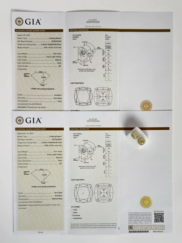 СЕРЬГИ NO NAME CUSHION DIAMOND 5.01-5.02 CT FANCY LIGHT YELLOW/SI1 EARRINGS (NEW) 5.01-5.02 CT FLY/SI1 (GIA) 6