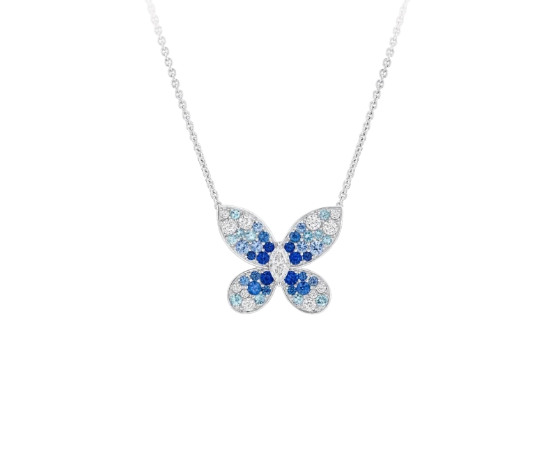 Butterfly Ultra Small Necklace Studded with Sapphire, Rose Sapphire and Diamonds