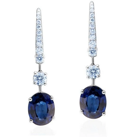 OVAL BLUE SAPPHIRE AND ROUND DIAMOND TOP SWAN HOOKS EARRINGS