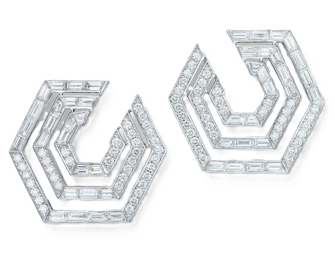 Hexagonal  Diamond Earrings in White Gold