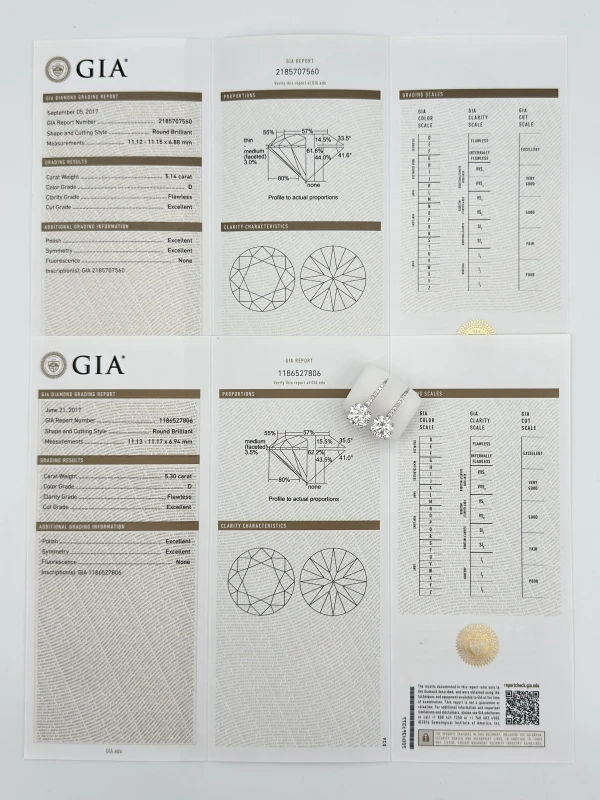 Earrings without a brand ROUND DIAMONDS 5.14 - 5.30 CT D/FLAWLESS EARRINGS (GIA) EXEXEX NN5.14-5.30 8