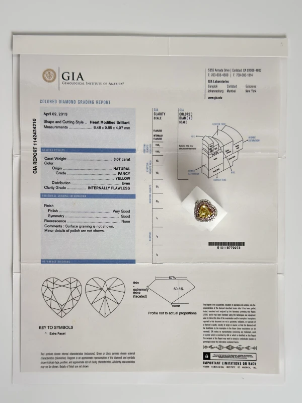СЕРЬГИ NO NAME HEART DIAMOND 3.07 CT FANCY YELLOW/INTERNALLY FLAWLESS RING (GIA) NN3.07FY 5