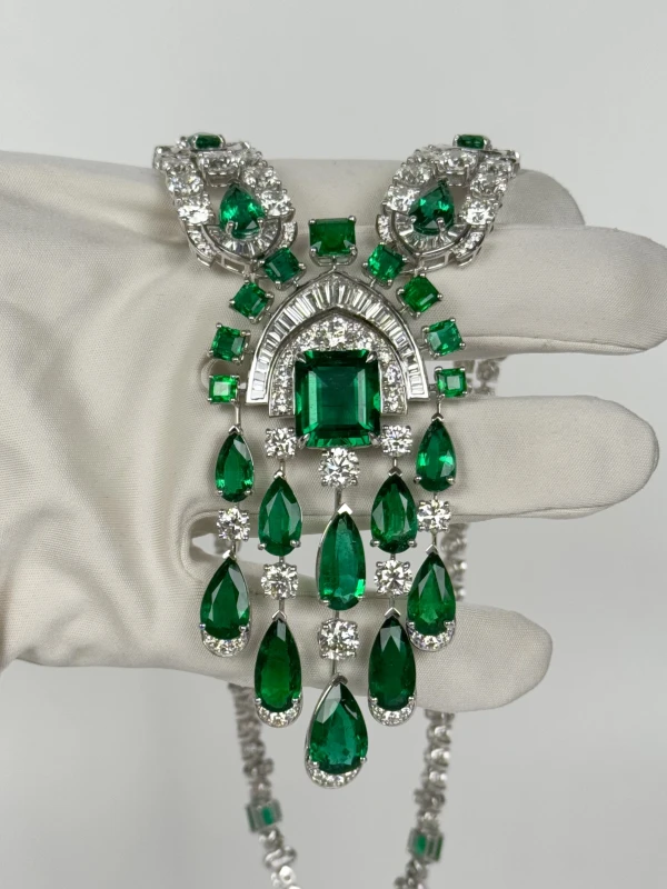 Graff White Gold Emerald Cut and Pear Shape Emerald 57.30 ct and White Diamond 58.35 ct Tribal Necklace GR57.30 6