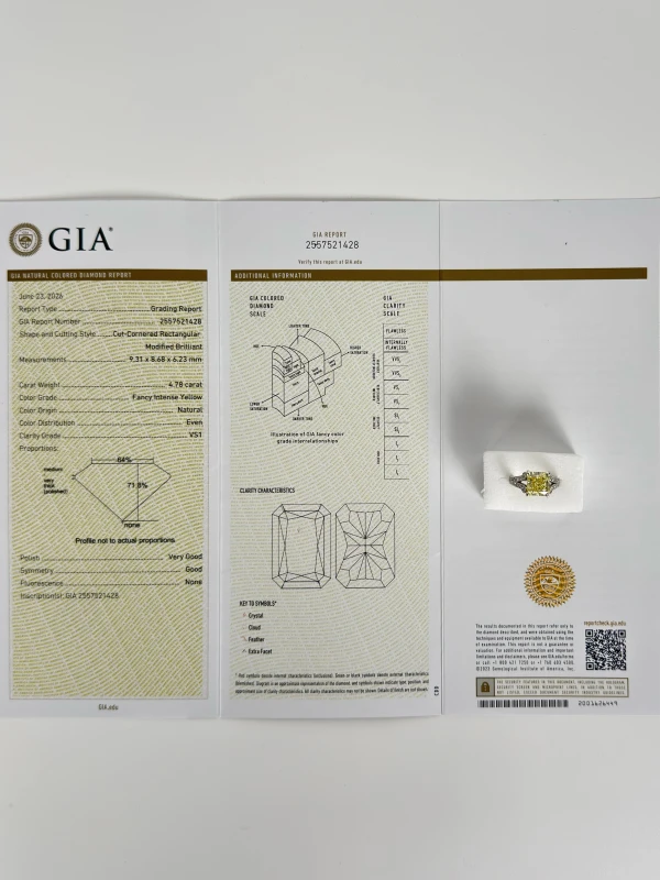 Earrings without a brand RADIANT DIAMOND 4.78 CT FANCY INTENSE YELLOW/VS1 RING (GIA) 2557-4.78CT 5