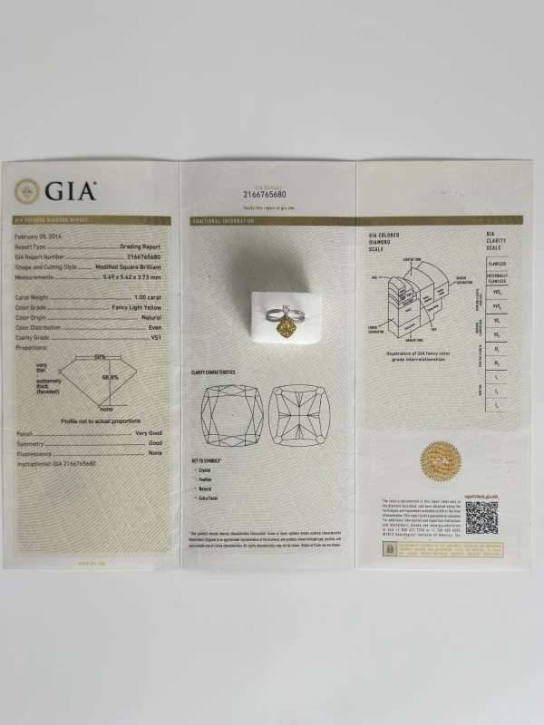 No name CUSHION DIAMOND 1.00 CT FANCY LIGHT YELLOW/VS1 RING (GIA) NN1.00CT FLY/VS1 4
