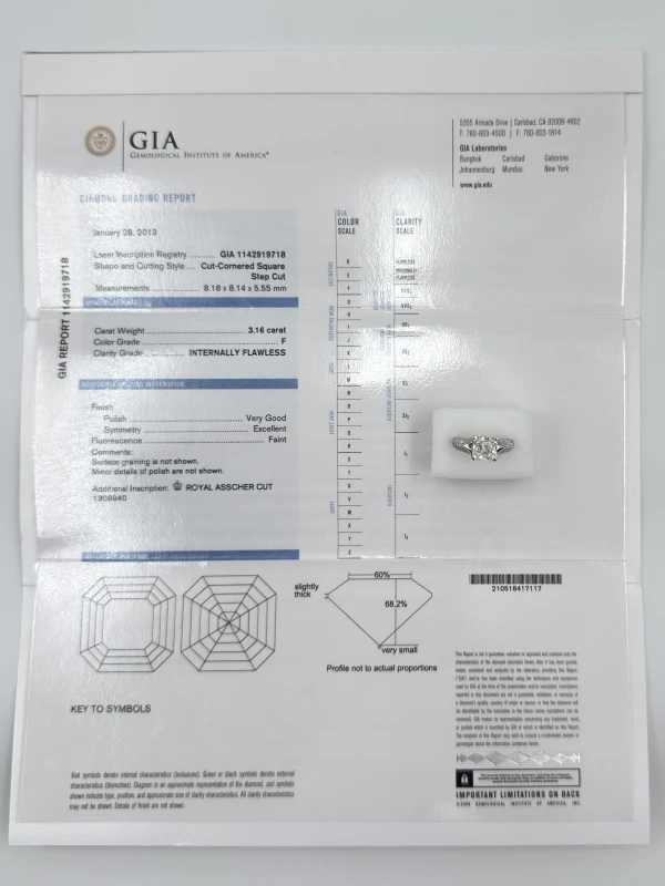 No name SQUARE DIAMOND RING 3.16 ct F/INTERNALLY FLAWLESS, GIA (SIZE 54) NN3.16ct F/IF GIA 5