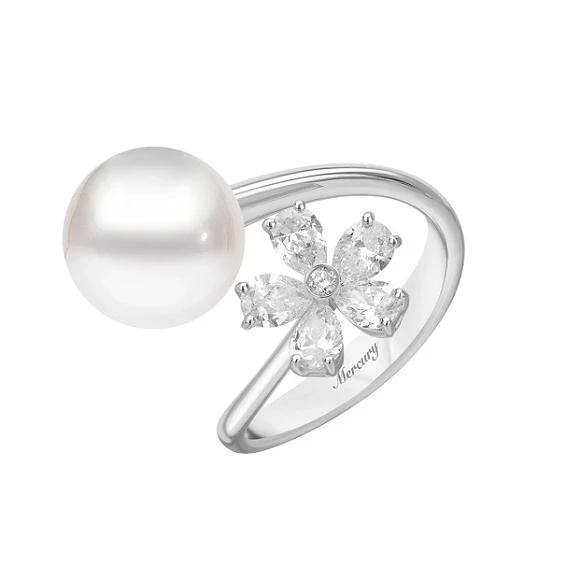 FLOWER RING, PEARL AND DIAMONDS, WHITE GOLD