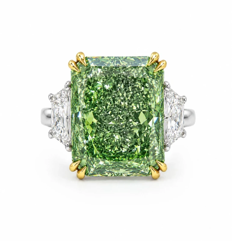 RADIANT DIAMOND 6.51 CT FANCY VIVID GREEN*/VS2 RING (SIZE 53) GIA