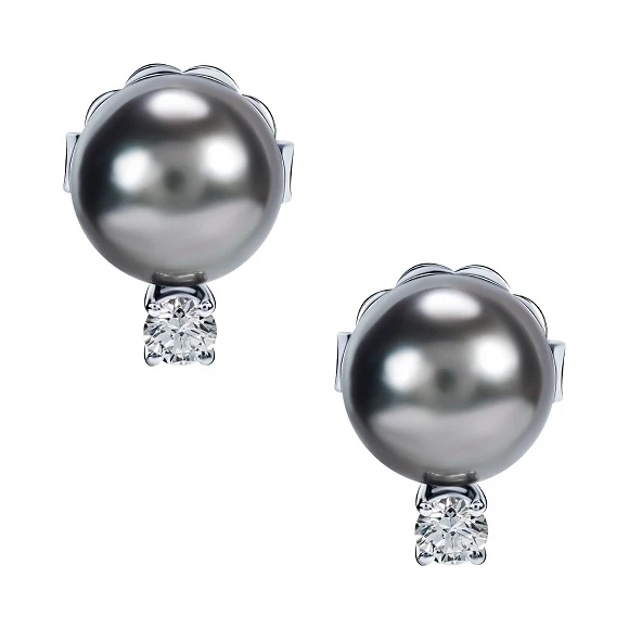 Мikimoto  BLACK SOUTH SEA CULTURED PEARL STUD EARRINGS WITH DIAMONDS Mikimoto