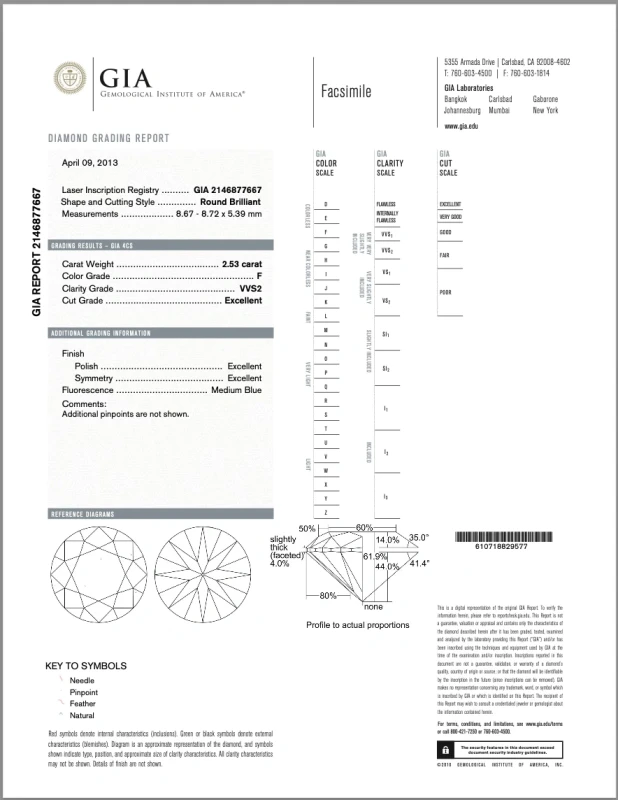 Earrings without a brand ROUND DIAMOND 2.53 CT F/VVS2 RING (SIZE 52) EXEXEX NN2.53 F/VVS2 2