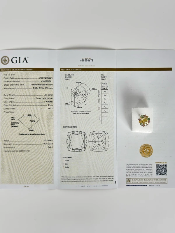 Earrings without a brand CUSHION DIAMOND 4.02 CT FANCY LIGHT YELLOW/VVS2 RING (GIA) 781-4.02FLY 5