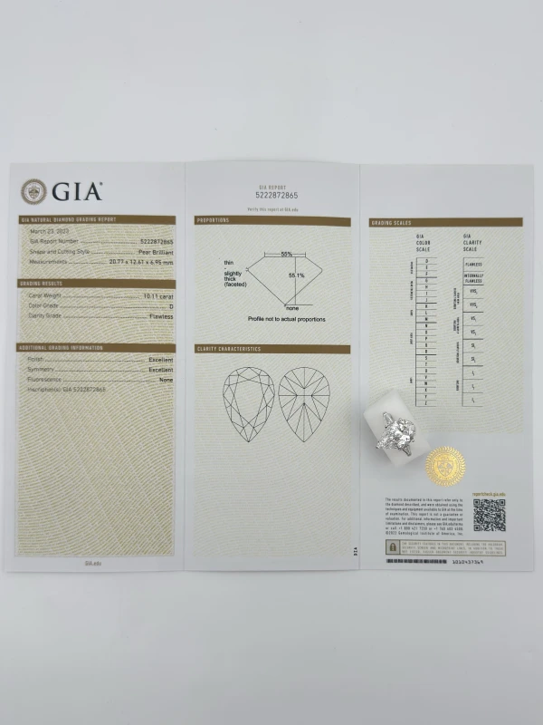 Earrings without a brand PEAR DIAMOND RING 10.11 CT D/Fl (GIA) 10.11DF 7