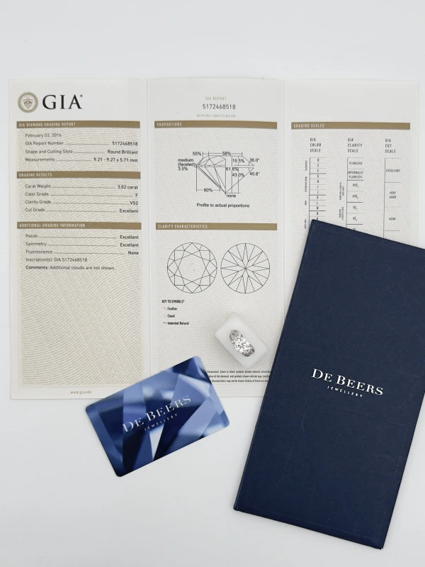 De Beers ROUND DIAMOND 3.02 CT F/VS2 RING (GIA) 2519576 6
