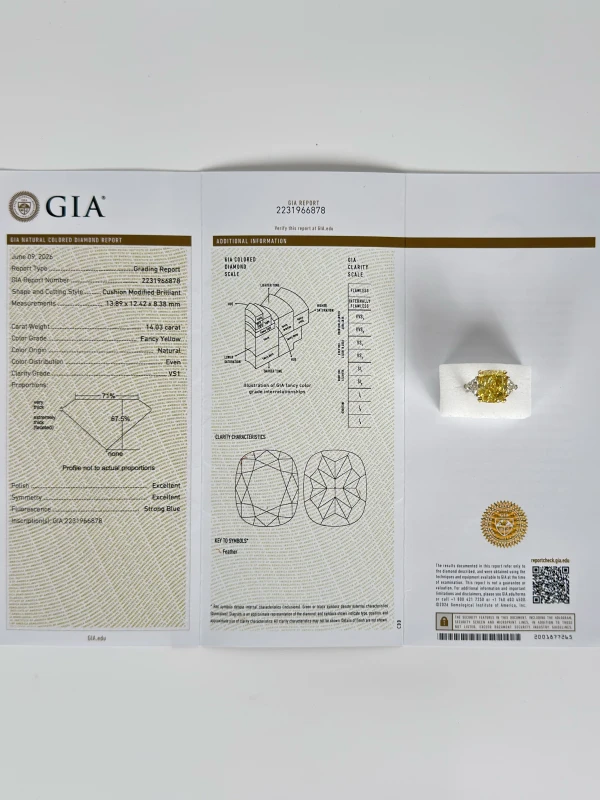 Earrings without a brand CUSHION DIAMOND 14.03 CT FANCY YELLOW/VS1 RING (GIA) NN 14.03ct FY/VS1 6