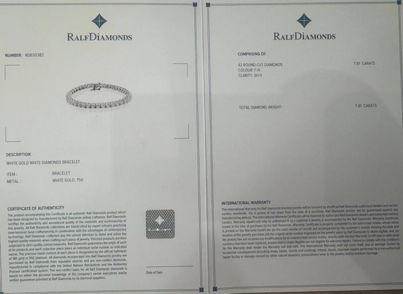 RalfDiamonds DIAMOND BRACELET 7.81 CT F-H/SI1-I1 (SIZE 18) RDB 7.81 CT 2