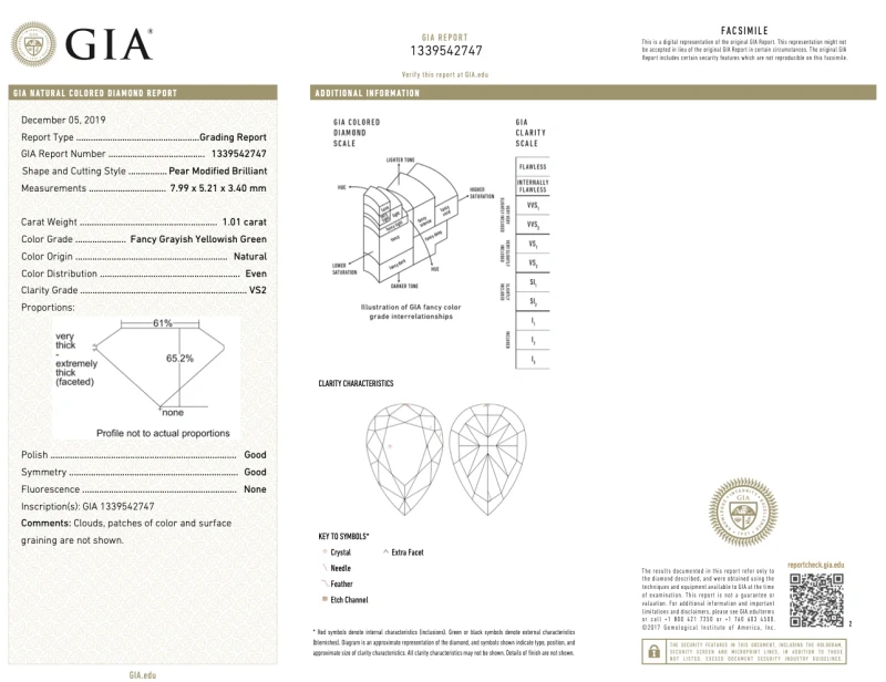 No name PEAR DIAMOND 1.01 CT NATURAL FANCY GRAYISH YELLOWISH GREEN/VS2 RING (SIZE 53) GIA 747-NN1.01CT FGYG/VS2 2