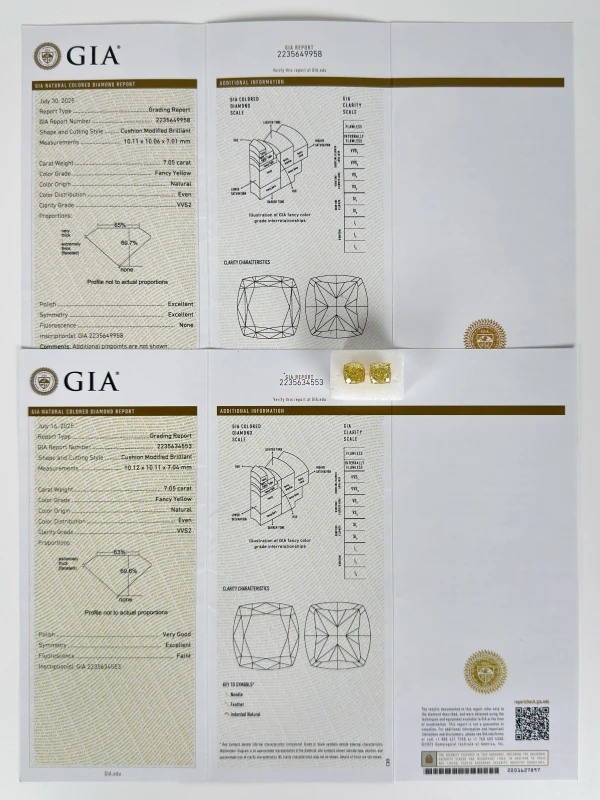 No name CUSHION DIAMOND 7.05 - 7.05 CT FANCY YELLOW/VVS2 EARRINGS (GIA) NN7.05-7.05 6