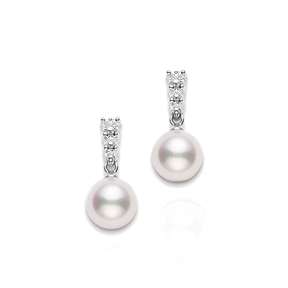 AKOYA CULTURED PEARL AND DIAMOND DROP EARRINGS