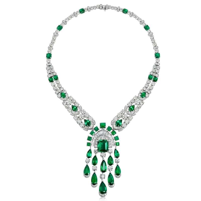 GRAFF White Gold Emerald Cut and Pear Shape Emerald 57.30 ct and White Diamond 58.35 ct Tribal Necklace GR57.30 2