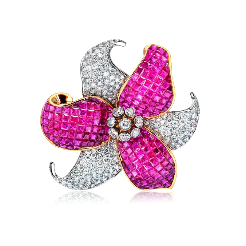 DIAMOND 10.26 CT AND RUBY 33.12 FLOWER BROOCH