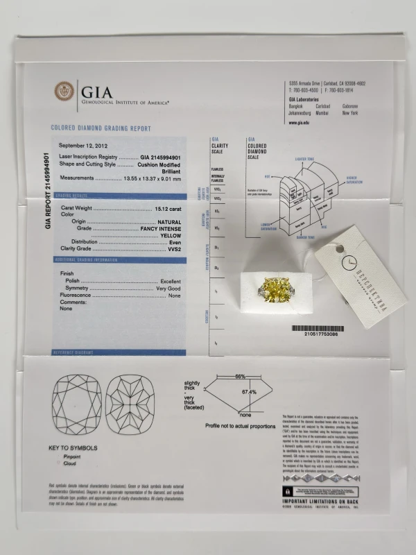No name CUSHION DIAMOND 15.12 CT FANCY INTENSE YELLOW/VVS2 RING (GIA) NN15.12 CT FIY/VVS2 6