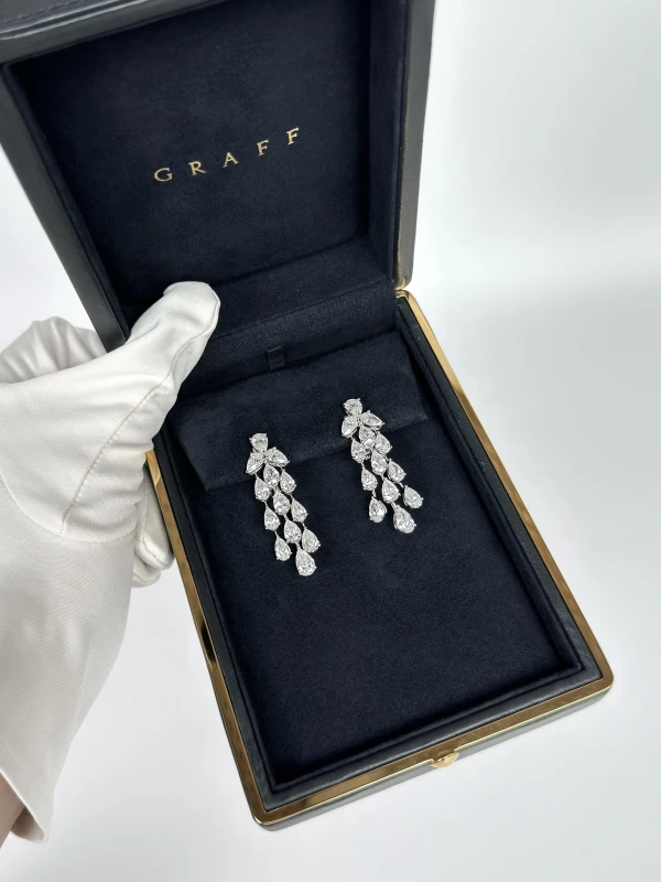 GRAFF Platinum White Pear Shape Diamond 13.49 ct Three Strand Earrings RGE933 5