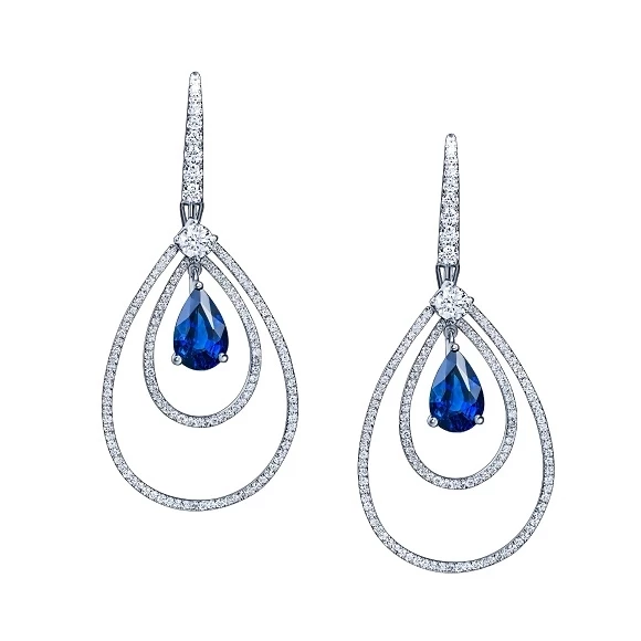 DIAMOND SURROUNDS AND FRENCH WIRE SAPPHIRES EARRINGS
