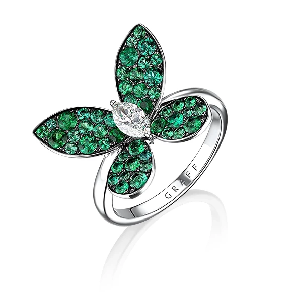 PAVE BUTTERFLY, EMERALDS, WHITE GOLD