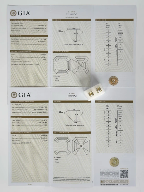 Earrings without a brand ASSCHER DIAMOND 7.02 - 7.02 CT U to V - S to T/VVS2 EARRINGS (GIA) EXEXEX NN7.02-7.02 6