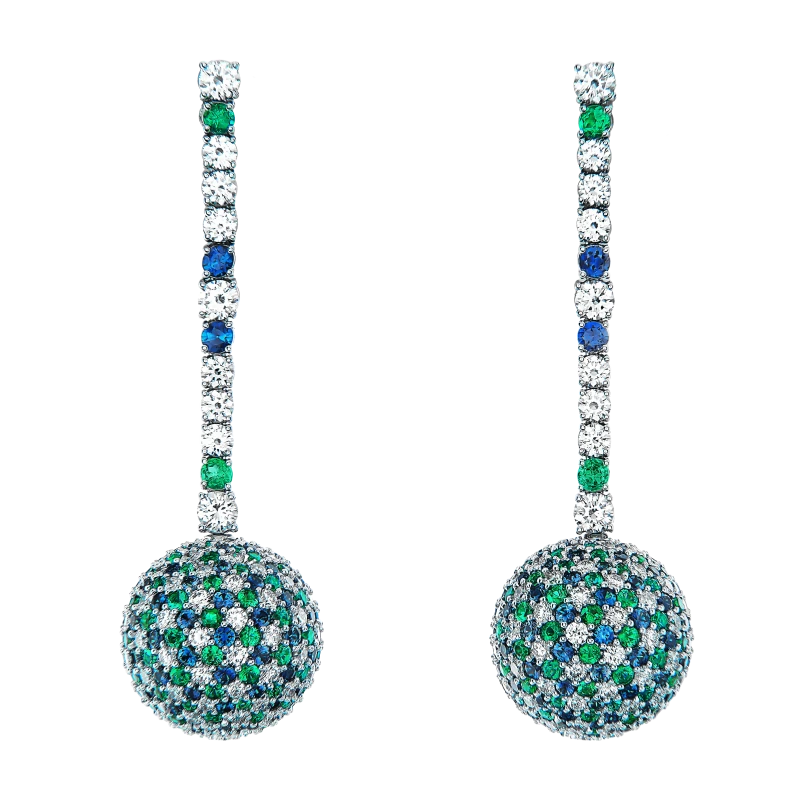 EMERALD, SAPPHIRE AND DIAMOND EARRINGS