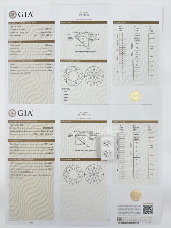 No name ROUND DIAMOND 5.39-5.30 CT E/VVS2 EARRINGS (GIA) EXEXEX nn5.39-5.30 E/VVS2 8
