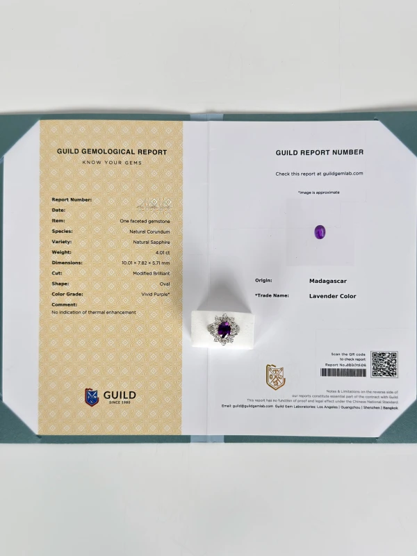 No name OVAL LAVENDER SAPPHIRE 4.01 CT RING (GUILD) 4.01 ct Lavender 5
