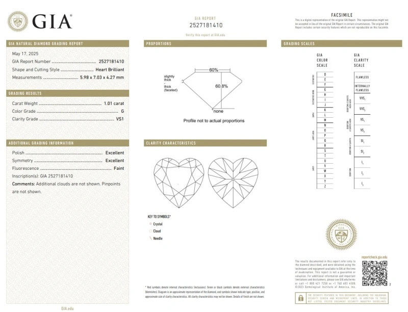 No name Heart Shape Diamond 1.01 ct G/VS1 ct Ring (SIZE 51) GIA EXEX 1410-NN1.01G 2