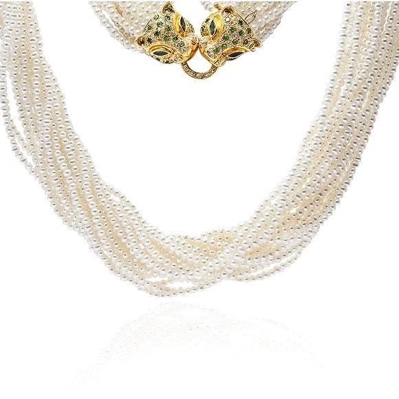 MULTISTRAND CULTURED PEARL, TSAVORITES AND DIAMOND NECKLACE