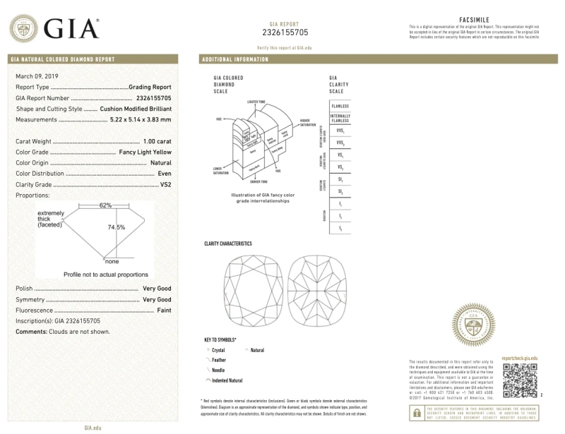 No name CUSHION DIAMOND 1.00 CT FANCY LIGHT YELLOW/VS2 RING (SIZE 53) GIA 705-NN1.00 FLY/VS2 2