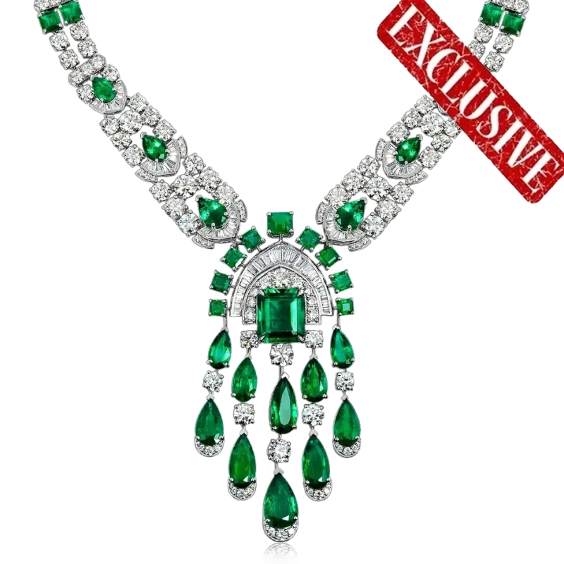 White Gold Emerald Cut and Pear Shape Emerald 57.30 ct and White Diamond 58.35 ct Tribal Necklace